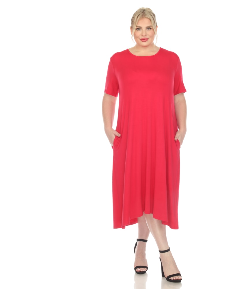 Front of a model wearing a size 2X Short Sleeve Midi Dress in Magenta by White Mark. | dia_product_style_image_id:328593